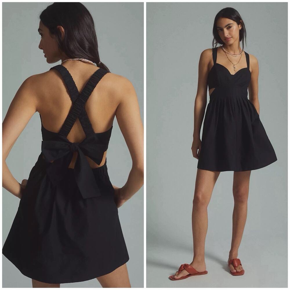 Maeve Anthropologie Open Back Babydoll Cotton Mini Dress in Black Size 4
